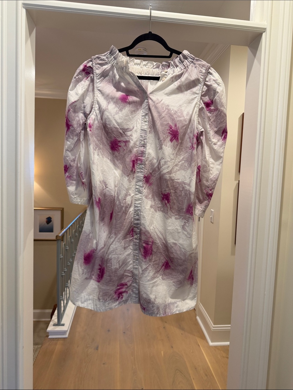 White Puff Sleeve dress with purple and grey tie dye (bw)